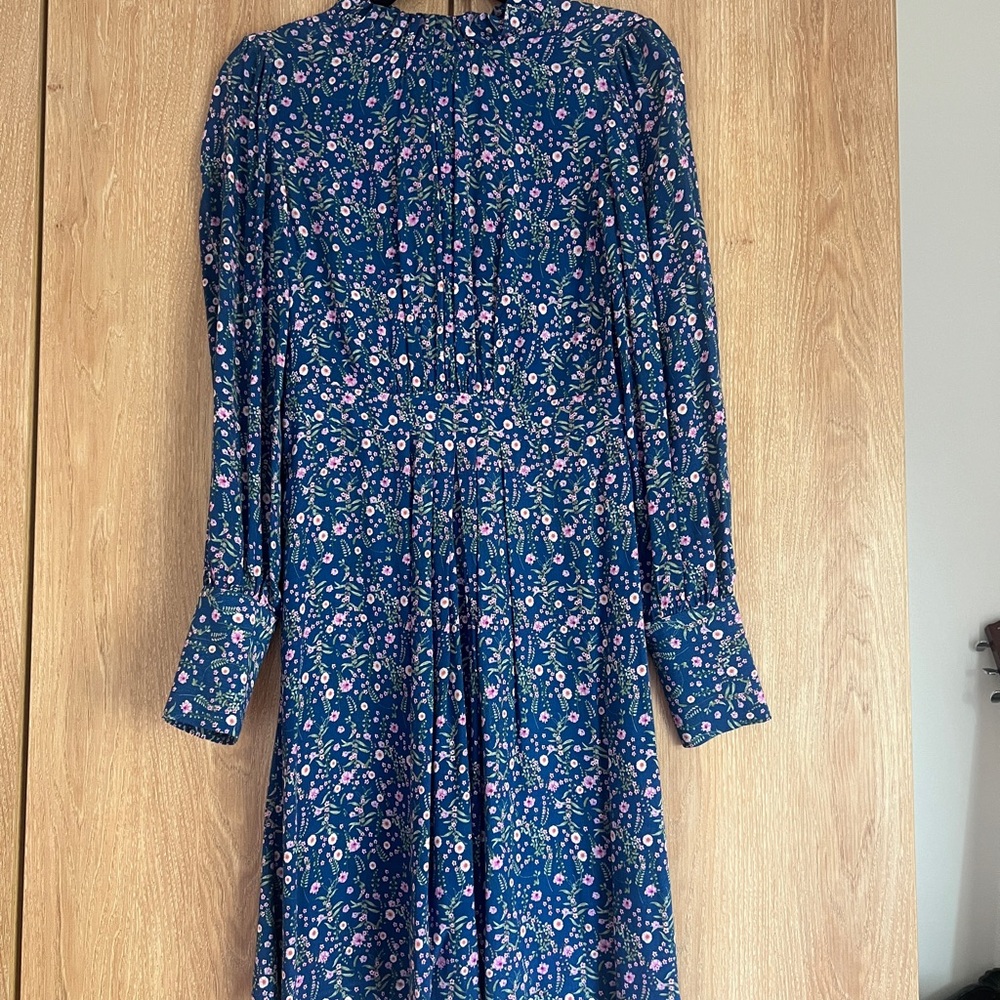 Navy Floral Long-Sleeve Midi Dress with Pleated Bodice